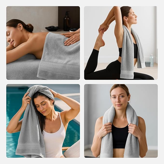 REDKISS Grey Towel Set of 8-100% Cotton Luxury Bath Towels Set for Bathroom, 600 GSM Highly Absorbent Bathroom Towel with 2 Large Bath Sheet, 2 Hand, 4 Washcloths, Grey Shower Towels for Dorm