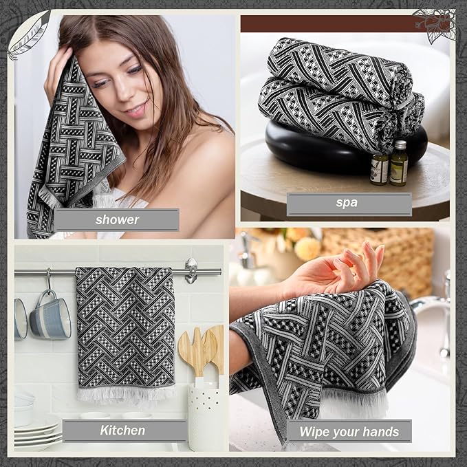 4 Pack Boho Bathroom Hand Towel 14 x 30 Inch 100% Turkish Cotton Decorative Boho Kitchen Hand Towel Farmhouse Bathroom Decor Set Absorbent Soft Guest Tea Gift(Black,White)