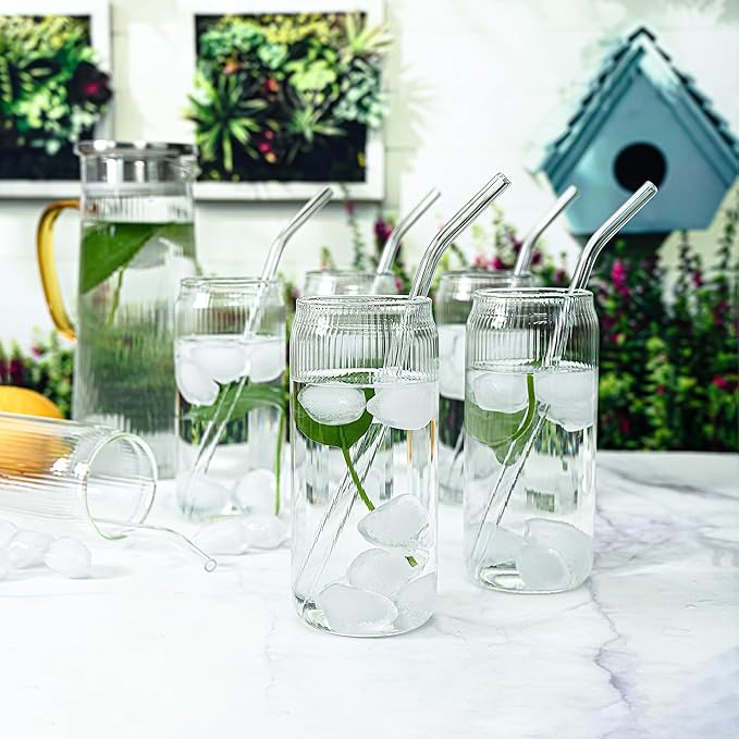 Set of 6 Ribbed Can Shaped Glass Cups with Glass Straws - 16oz Can Glass Drinking Glasses, Iced Coffee & Ice Tea Glasses, Clear Kitchen Tumbler Cup Cocktail Glass for Soda, Kiddush Cups & Sets
