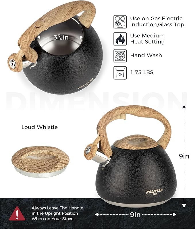POLIVIAR Tea Kettle, 2.7 Quart Stovetop Tea Kettle, Audible Whistling Teapot with Crackle Finish, Food Grade Stainless Steel for Anti-Rust, Anti Hot Handle, Suitable for All Heat Sources (JX2023-LRB)