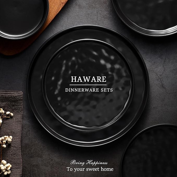 HaWare Dinnerware Sets, 6-Piece Plates and Bowls Set, Stoneware Dish Set for 2, Ceramic Dinnerware for Home Restaurant, Chip and Scratch Resistant, Microwave and Dishwasher Safe, Matte Black