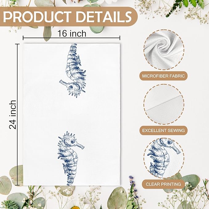 Coastal Seahorse Beach Decor Dish Hand Tea Towels for Bathroom Kitchen, Blue Seahorse Ocean Nautical Beachy Bathroom Decor, Coastal Nautical Kitchen Towels and Dishcloths Sets of 2, 16x24Inch