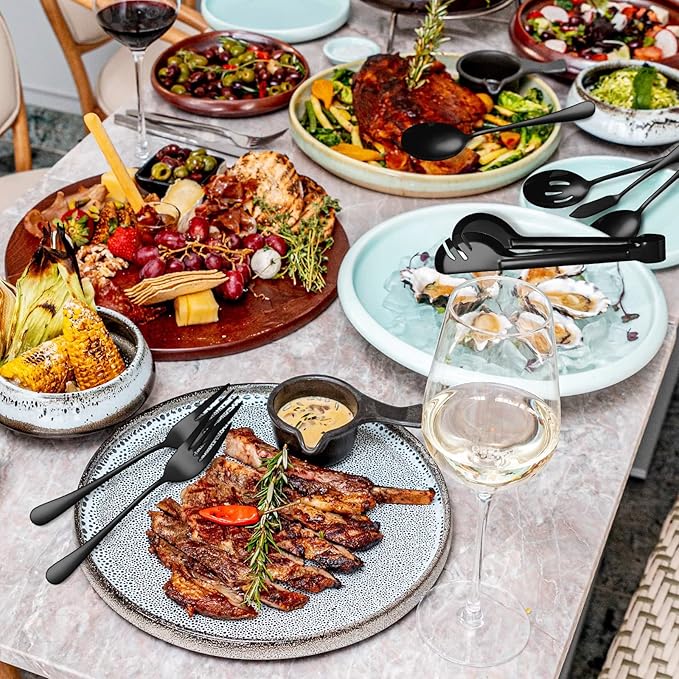 12 Pieces Black Serving Utensils, Stainless Steel Fine Vintage Serving Utensils with Serving Spoons Kitchen Mixing for Cake Server,Soup Ladle,Butter,Stirring,Tongs Ect Decorate Wedding