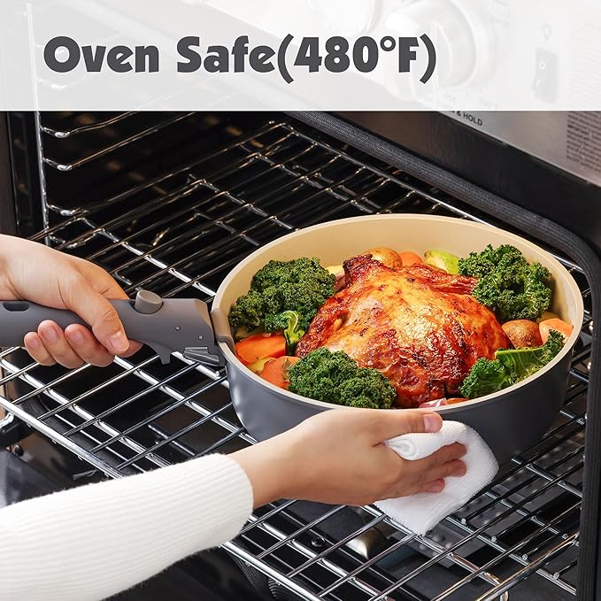 SENSARTE 17 Piece Ceramic Pots and Pans Set, Nonstick Detachable Handle Cookware, Induction Kitchen Cookware Set with Removable Handle, Dishwasher & Oven Safe (Gray)