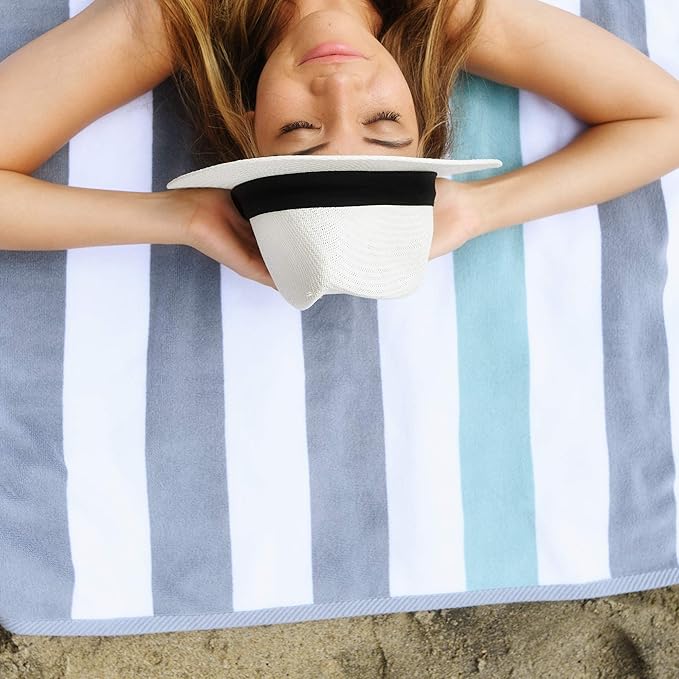 Laguna Beach Textile Co. Striped Cabana Beach Towel - Oversized, Plush 630 GSM Cotton - Stone Gray and Sea Glass Green