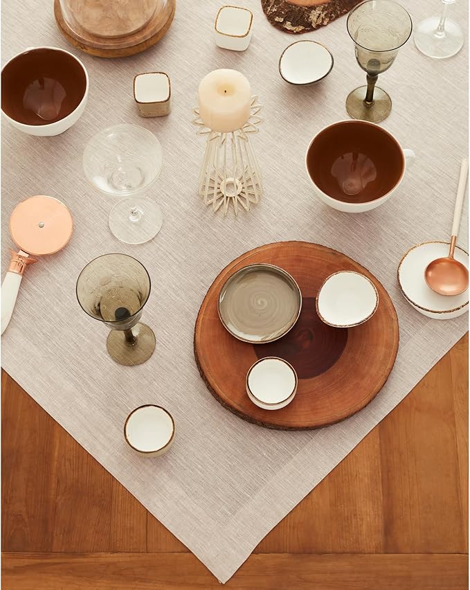 Solino Home Light Natural Linen Tablecloth 52 x 52 Inch - 100% Pure Linen Square Table Throw - Athena, Machine Washable Tablecloth for Holiday