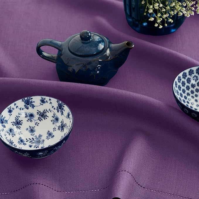 Solino Home Linen Tablecloth for Rectangle Tables 60 x 90 Inch - Classic Hemstitch 100% Pure Linen Purple Table Cloth - Machine Washable Cloth Tablecloth for Valentines
