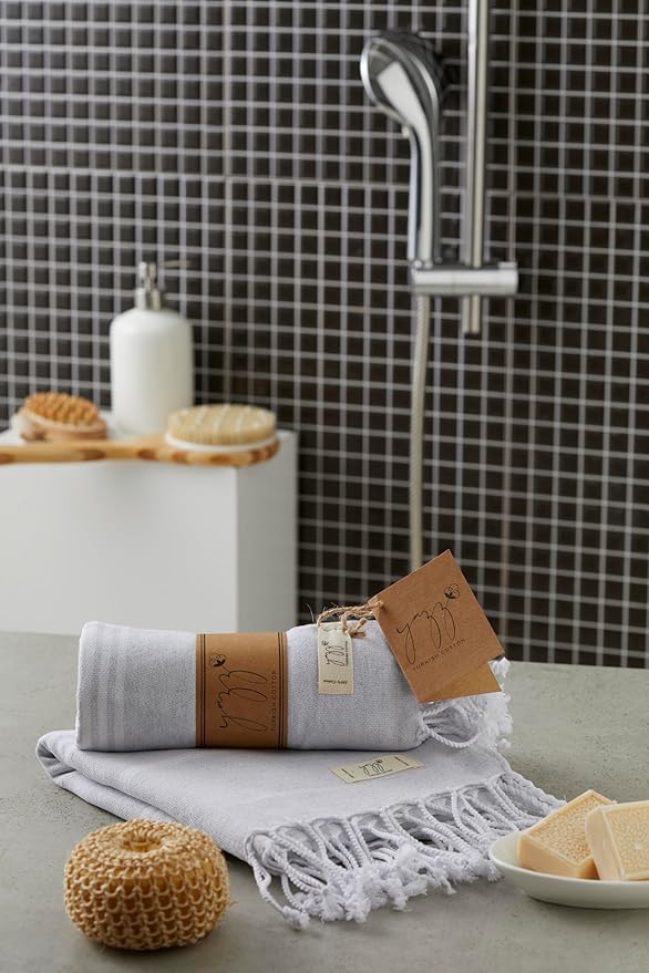 Hand Towels - Set of 2, 18" x 30" inches, Turkish Cotton, Decorative Peshtemal Hand Towels for Kitchen, Bath, Guest, Face, Hair, Gym, Yoga, Travel (Light Grey)