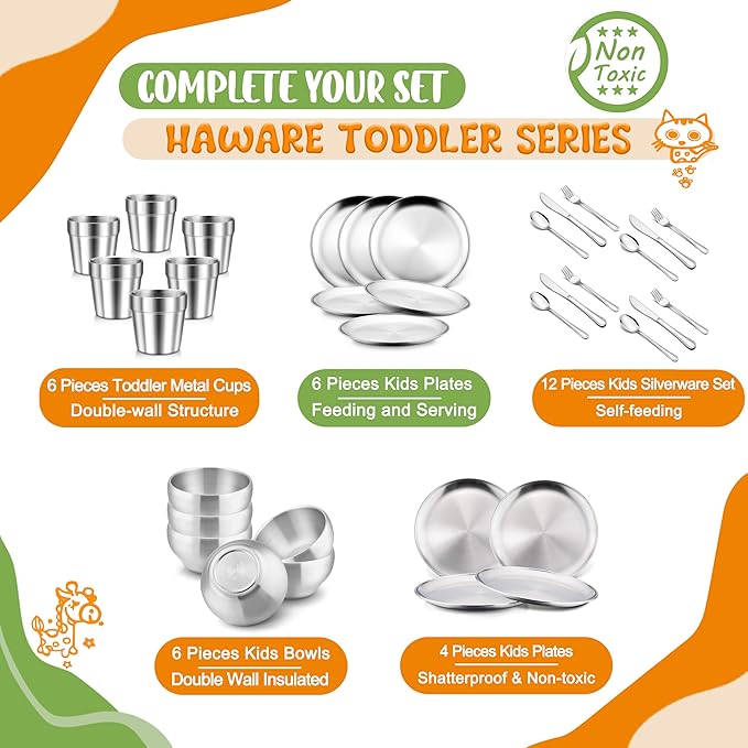 HaWare 12 Pieces Toddler Utensil Sets, Stainless Steel Kids Silverware Set Includes Toddler Forks and Spoons, Kids Safe Cutlery Set for Self Feeding, Cute Animal Handle Pattern, Dishwasher Safe