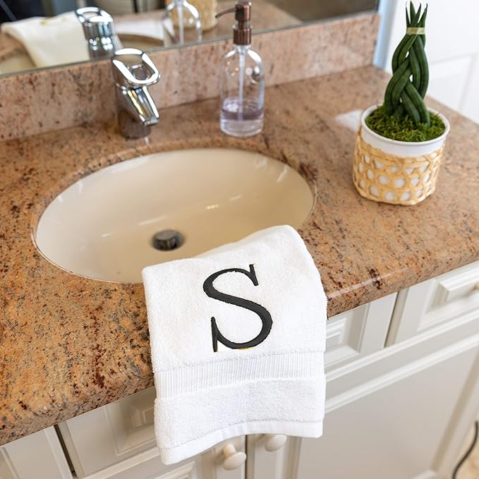 Dark Gray, Letter Hand Towel for Bathroom - Monogrammed Initial Hotel Quality Decorative Embroidered Towel for Powder Room, Spa - GOTS Organic Certified - Pack of 2, Letter S