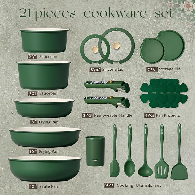 CAROTE 21Pcs Ceramic Cookware Set, Pots and Pans Set Non stick, Non Toxic Cookware Detachable Handle, Kitchen Cooking Set - Induction Cookware, Dishwasher/Oven Safe, PFAS Free, Green