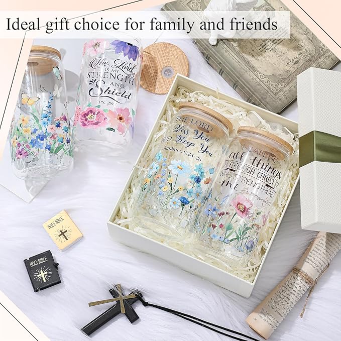 Mumufy 4 Pcs Christian Gifts for Women Set Bible Verse 16oz Glass Tumblers with Straw, Inspirational Prayer Affirmation Cups, Religious & Spiritual Gift for Mom Wife Sister or Friends for Christmas