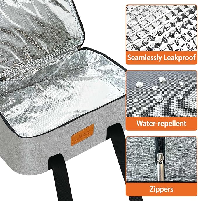 LHZK Insulated Casserole Carriers for Hot or Cold Food, Lasagna Holder Tote for Potluck Parties, Beach, Picnic, Travel, Fits 11x15 or 9x13 Dish (Grey)