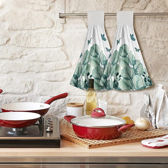 Green Leaf Hand Towels Eucalyptus Plant Hanging Kitchen Towels 2 Pcs Soft Dish Cloth with Loop Tie Towels for Bathroom Laundry Gym