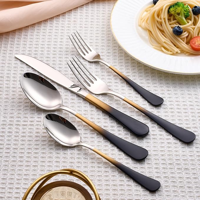 20 Piece Black Gold and Silver 18/0 Flatware Utensil Set for 4, Include Dinner Knife,Dinner Forks,Dinner Spoons,Salad Forks,Teaspoons,Silverware Set for 4, Dishwasher Safe