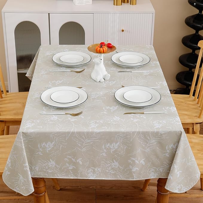 Heavy Duty Vinyl Tablecloth with Flannel Backing Waterproof Oil-Proof Plastic Table Cloth Stain-Resistant Wipeable Rectangle or Square Table Cover for Indoor and Outdoor (Beige Leaf,52x70 Inch)