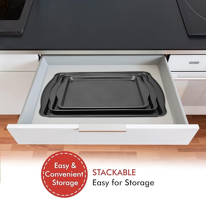 Perlli Cookie Sheets for Baking Non Stick Oven Pan Tray Baking Sheet 3-Piece Set (Small, Medium & Large) Carbon Steel BPA Free Cooking and Baking Trays for Cakes and Cookies