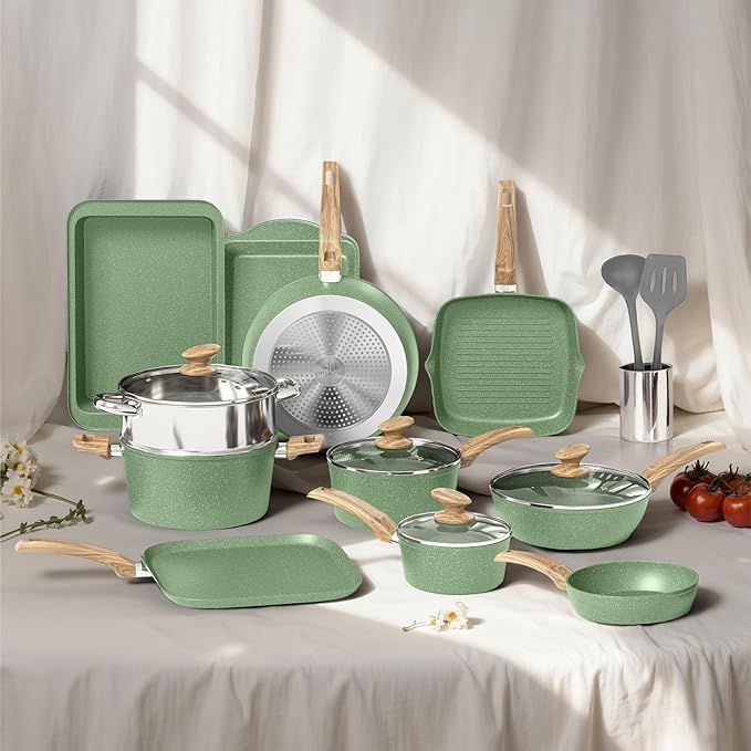 DishDelight Pots and Pans Set Non Stick, 17 Pieces Granite Kitchen Cookware Sets with Nonstick Granite Coating, Induction Cooking Set for Present, Green
