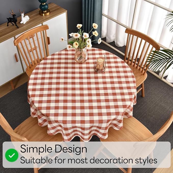 Gingham Table Cloth for Round Tables Orange Checkered Plaid Tablecloth Heavy Duty Cotton Blend Washable & Wrinkle Table Cover for Outdoor Kitchen Dining Picnic Camping (53 inch Diameter)