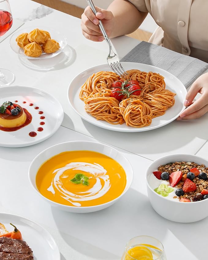 MALACASA 24 Pieces Gourmet Porcelain Dinnerware Sets, Premium Plates and Bowls Set, High-Fired Ceramic Dishes Set for 6, Chip & Scratch Resistant, Microwave Dishwasher Safe, White, Series LEXI