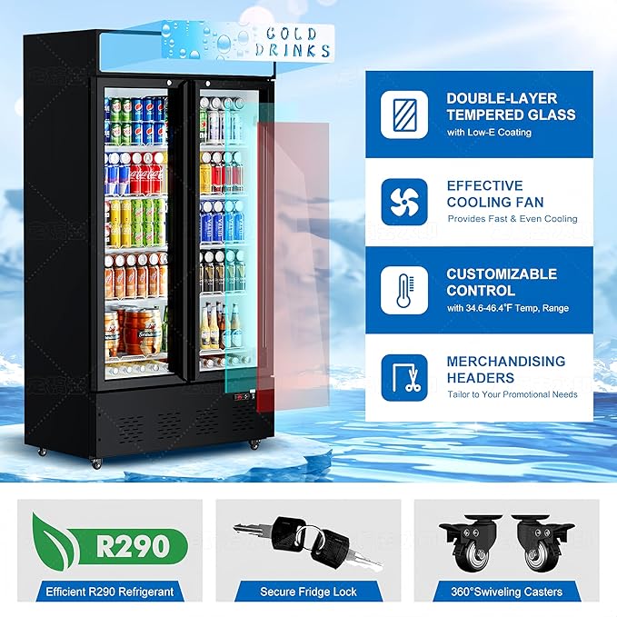 Commercial Beverage Refrigerator, 30 Cu.ft. Fridge Display Glass Door Upright Display Door with Adjustable Shelves LED Light for Restaurant,Grocery Stores,Office
