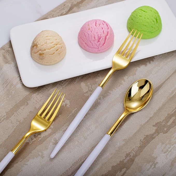 I00000 120 Pcs Disposable Dinnerware - Gold Plastic Utensils Set with White Handle, Include 60 Forks, 60 Spoons for Dinner Wedding Party
