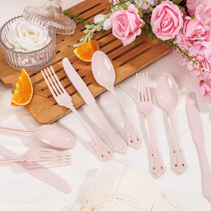 WDF 120 Pieces Heavy Duty Pink Plastic Silverware - Pink Plastic Cutlery Set - Disposable Utensils - Disposable Flatware Includes 40 Forks, 40 Spoons, 40 Knives for Party, Wedding, Valentine's Day
