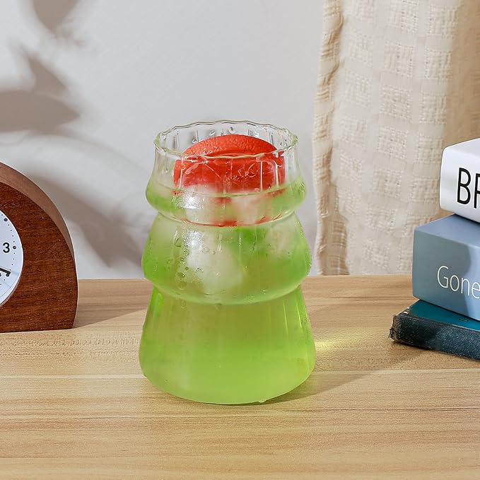 Koythin 2-Piece Ribbed Glass Cups, Vintage Drinking Glassware for Iced Coffee Juice Cocktails Milk Tea Beer, 16 oz/450 ml Cute Bubble Cup (Trees)