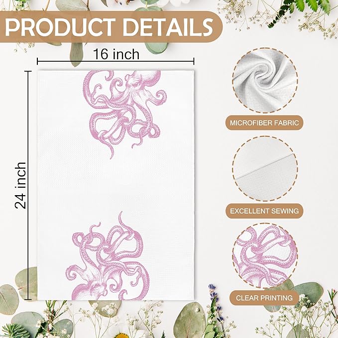 Coastal Pink Octopus Beach Decor Dish Hand Tea Towels for Bathroom Kitchen, Girly Preppy Octopus Ocean Nautical Beachy Bathroom Decor, Coastal Kitchen Towels and Dishcloths Sets of 2, 16x24In