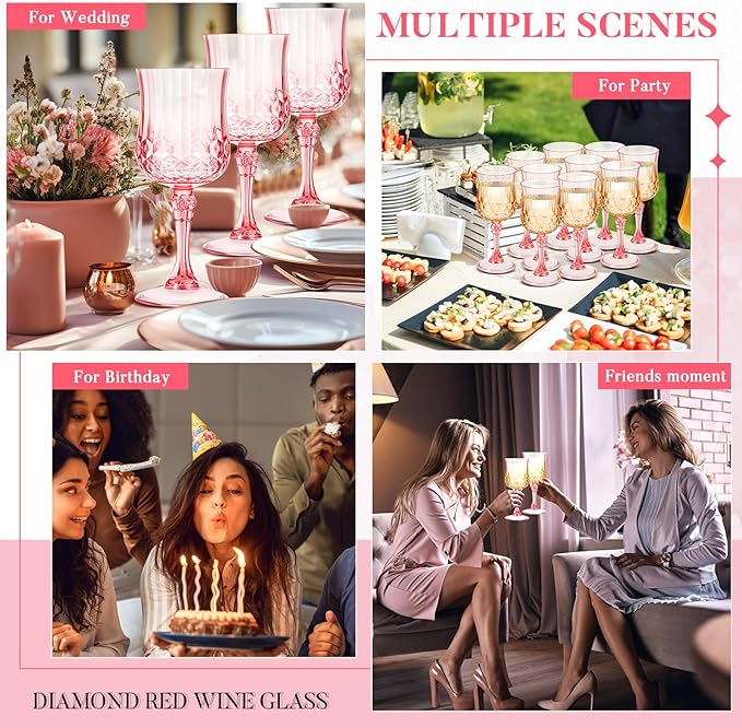 Pinkunn 12 Pcs 7 OZ Plastic Vintage Wine Glasses Reusable Colored Goblets Patterned Drinking Water Glasses Cup Dishwasher Safe for Halloween Wedding Reception Party Supplies (Pink)