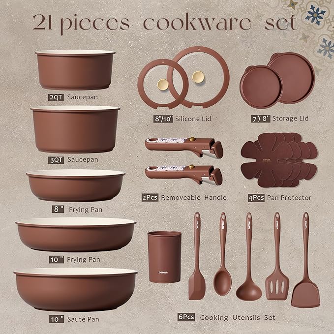 CAROTE 21Pcs Ceramic Cookware Set, Pots and Pans Set Non stick, Non Toxic Cookware Detachable Handle, Kitchen Cooking Set - Induction Cookware, Dishwasher/Oven Safe, PFAS Free, Chocolate