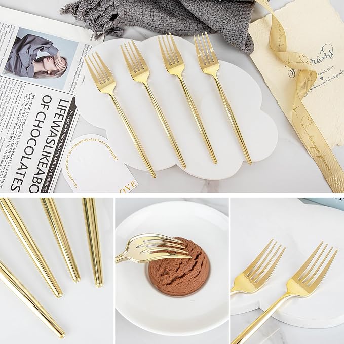 U-QE 180Pcs Gold Plastic Forks - 7.6 Inch Heavy Duty Plastic Forks, Heavyweight Gold Plastic Silverware Perfect For Parties & Weddings and Other Daily Events