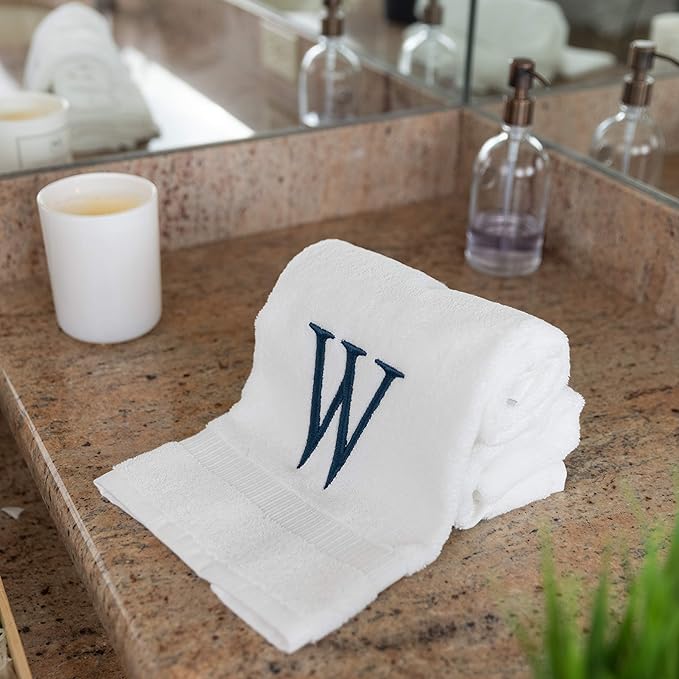 Monogrammed Hand Towels for Bathroom - Luxury Hotel Quality Personalized Initial Decorative Embroidered Bath Towel for Powder Room, Spa - GOTS Organic Certified - Set of 2 Navy Letter W