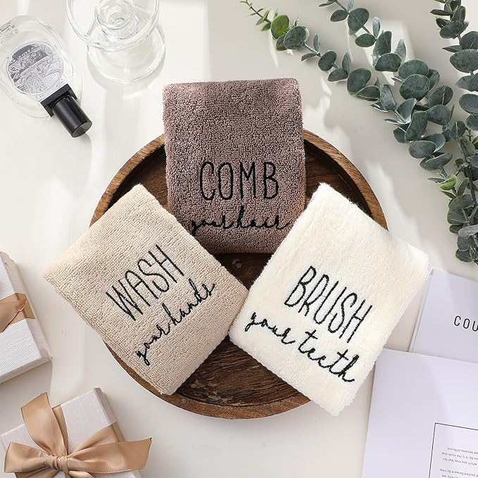 3 Pcs Farmhouse Decorative Hand Towels for Bathroom and Kitchen Rustic Embroidered 100% Cotton Hand Towels Decorative Set for Boho Bathroom Decor (Brown, Brush Comb Wash)