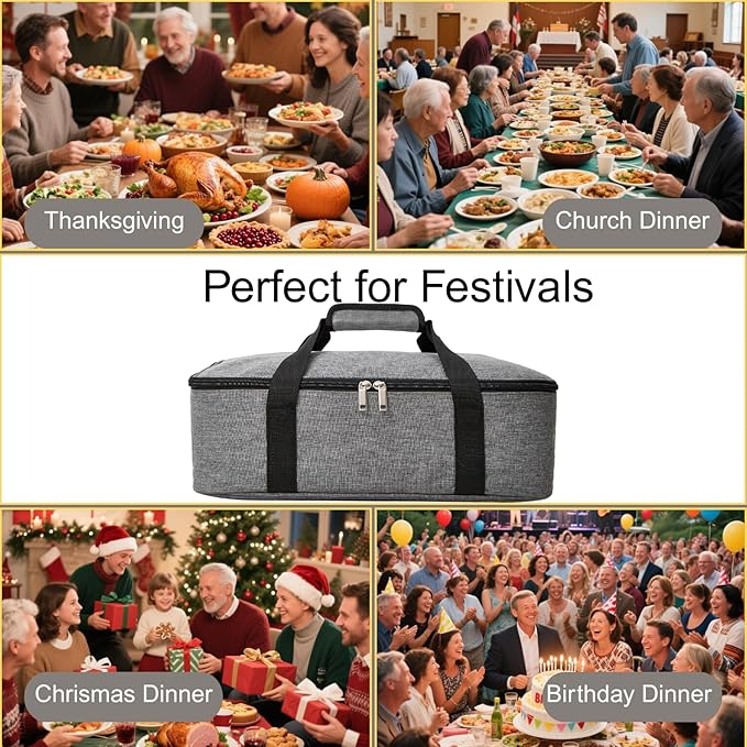 Lestyn Insulated Casserole Carrier Bag - Double Decker Portable Lunch Transport Tote Bag Fits 9"x13" Lasagna Baking Dish to Keep Food Hot/Cold for Gathering/Potluck Parties/Cookouts/Picnics -Gray