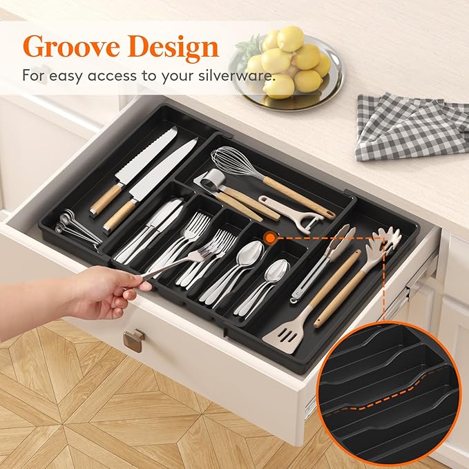 Lifewit Silverware Drawer Organizer, Expandable from 15.4 to 27 inches, Utensil Tray for Kitchen, Adjustable Cutlery Holder, Plastic Flatware Storage for Spoons Forks Knives, Extra Large, Black