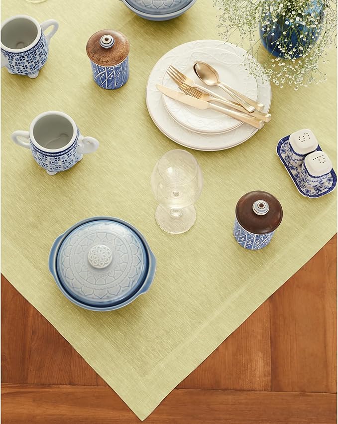 Solino Home Linen Tablecloth 52 x 52 Inch - 100% Pure Linen Square Table Throw - Athena, Machine Washable Chambray Yellow Tablecloth
