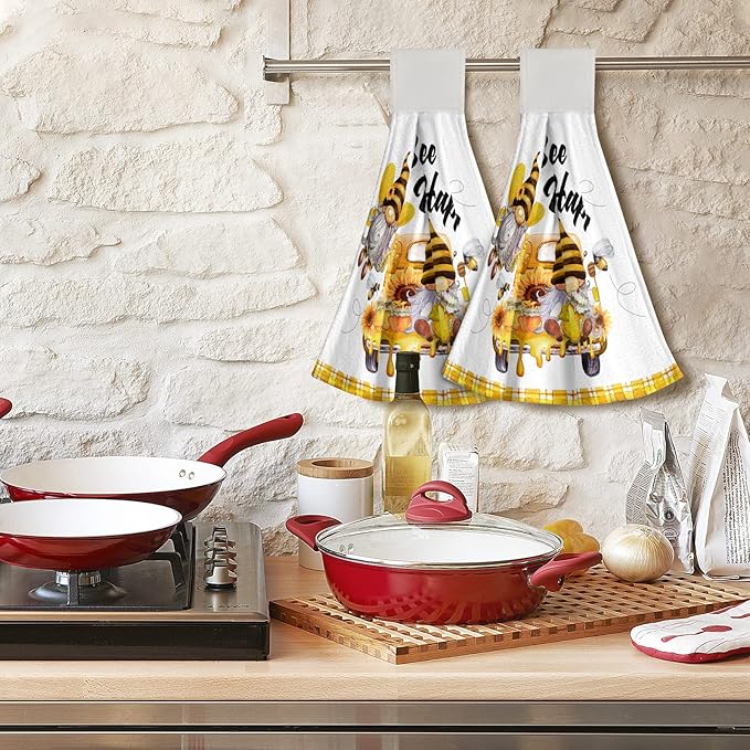 Giwawa Bee Happy Kitchen Hand Towels Yellow Gnomes Fast Dry Hanging Tie Towels 2PCS Soft Dish Wipe Cloth for Bathroom Restroom Home Decor