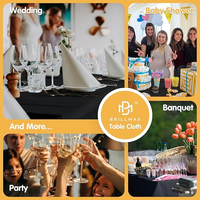 BRILLMAX 4 Pack Black Tablecloths for 6 Foot Rectangle Tables 90 x 132 Inch - 6ft Rectangular Bulk Linen Polyester Fabric Washable Cloth Cover for Wedding Reception Banquet Birthday Party