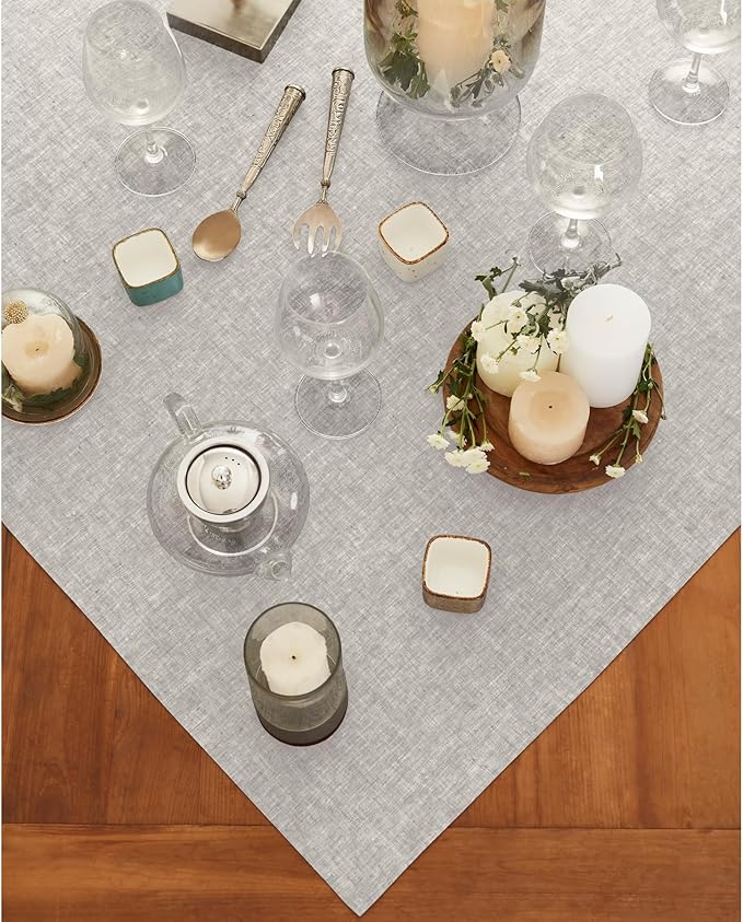 Solino Home Linen Tablecloth 52 x 52 Inch - 100% Pure Linen Square Table Throw - Athena, Machine Washable Oyster Grey Tablecloth