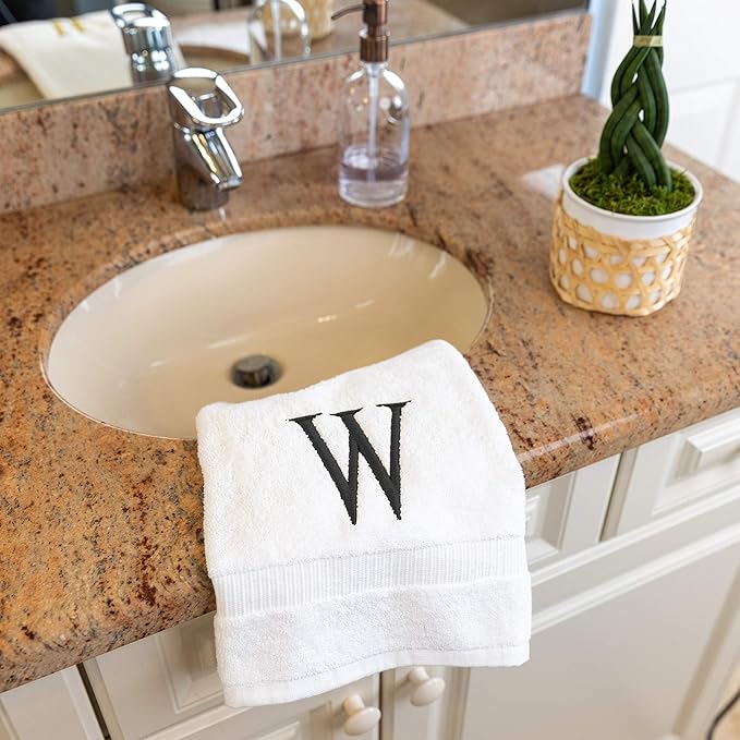 Dark Gray Luxury Hand Towel for Bathroom - Monogrammed Initial Hotel Quality Decorative Embroidered Towel for Powder Room, Spa - GOTS Organic Certified - Pack of 2, Letter W