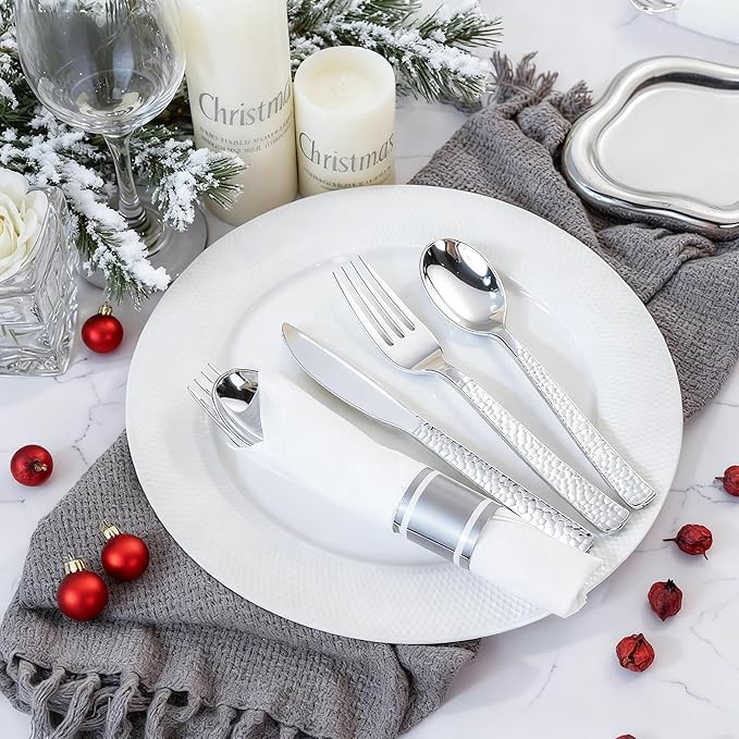 WELLIFE 300PCS Silver Plastic Silverware,Pre Rolled Silverware Set Disposable,Disposable Cutlery Includes: 75 Forks, 75 Knives, 75 Spoons, 75 Napkins,Christmas Utensils
