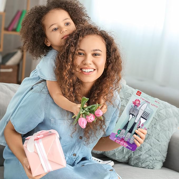 Lehoo Castle Toddler Silverware Stainless Steel, Kids Forks and Spoons, Kids Utensils 3 Year Old, Kids Silverware Set Stainless Steel, Metal Silverware for Toddlers (Mermaids)