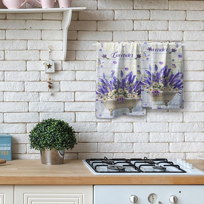 Imiss Lavender Flowers Towel 14.4 x 28.3 Inch - Purple Floral Butterfly Farmhouse Washcloth Set of 2, Rustic Wooden Decorative Kitchen Dishcloth Towel for Home,Gym,Spa,Hotel