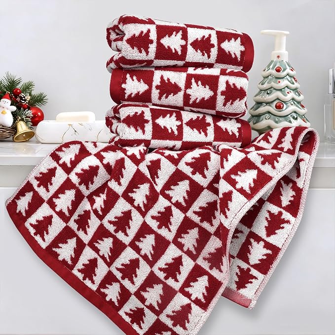 Jacquotha Christmas Hand Towels for Bathroom - 4-Piece Red Checkered & Tree Kitchen Towels, Festive Decor and Everyday Use, Cotton, 13” x 29”