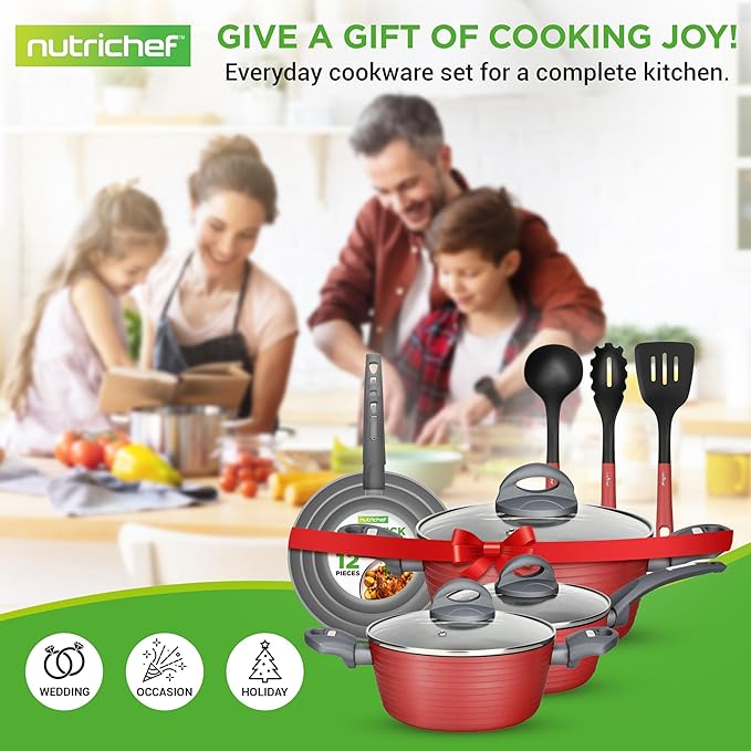 NutriChef 12-Piece Nonstick Kitchen Cookware Set-PTFE/PFOA/PFOS-Free Heat Resistant Lacquer Kitchen Ware Pots Pan Set Dark Gray/Red- Saucepot, Pans, Cooking Pot Oven Pot, Lid, Utensil - NCCW12RED