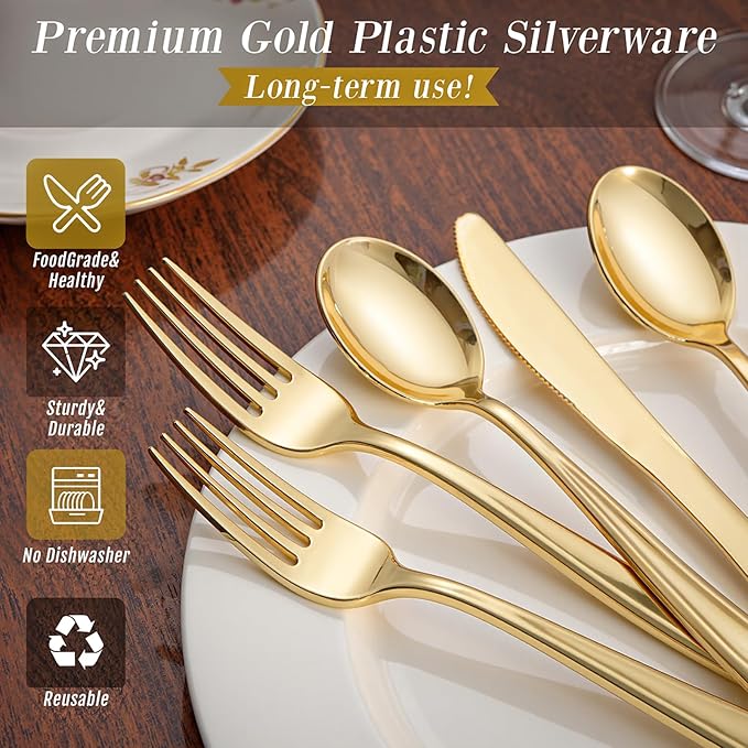 WDF 160 Piece Gold Plastic Silverware - Heavy Duty Gold Silverware Includes 80 Forks, 40 Spoons, 40 Knives, Plastic Utensils Perfect for Wedding, Christmas Party