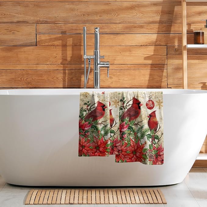 Imiss Merry Christmas Hand Towels Xmas Red Bird Holly Floral Kitchen Decor Soft Absorbent Fingertip Guest Towel for Home Bathroom Hotel Gym Spa