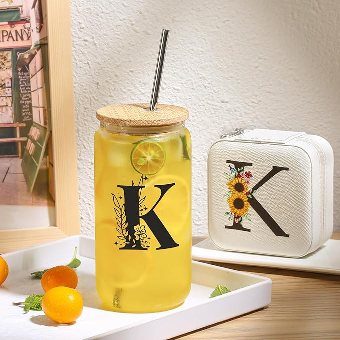 AYGXU Small Travel Jewelry Case, Portable Jewelry Box, Organizer Storage Holder Boxes, Iced Coffee Cute Tumbler Cup, Bamboo Lids for Glass Cups, Teacher Gifts for Women, Initial I White