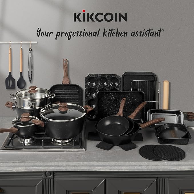 Kikcoin Pots and Pans Set Non Stick 31 Piece Kitchen Nonstick Cooking Cookware Sets with Grill Pan Saucepan Baking Sheet Utensil, Black